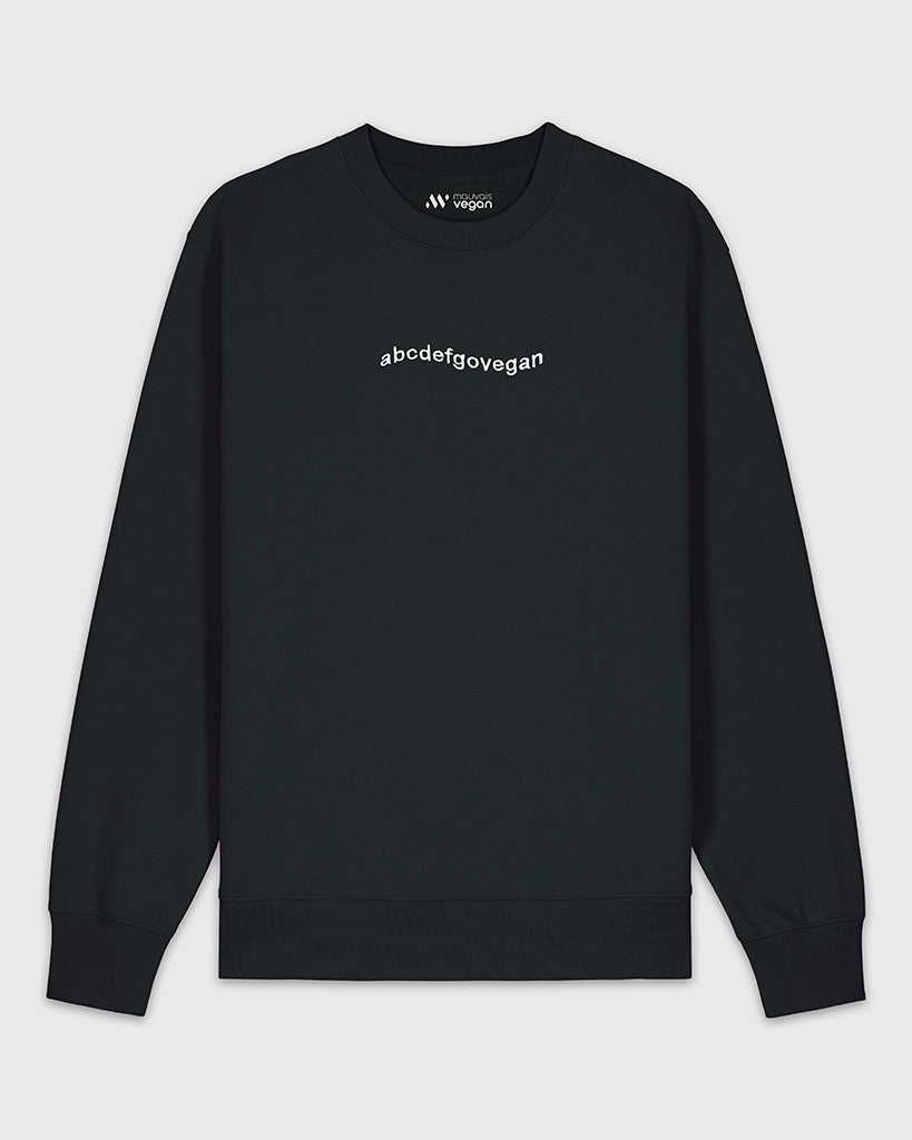 Sweatshirt noir avec une broderie blanche abcdefgovegan.