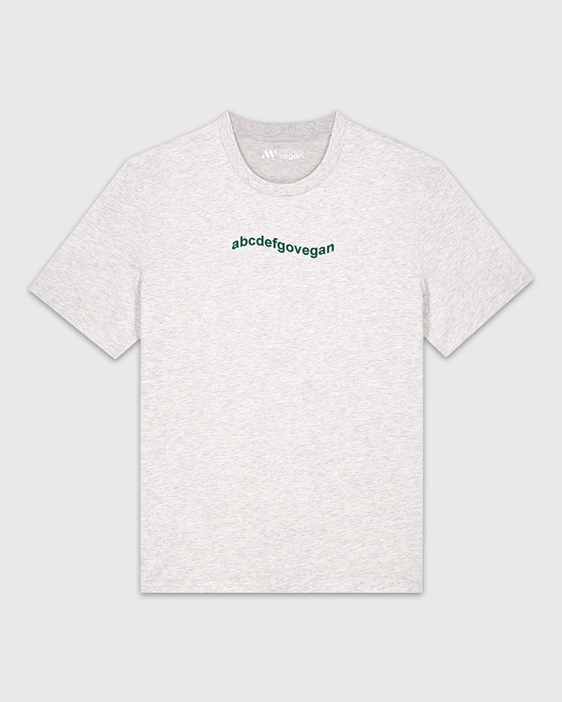 T-shirt gris clair chiné avec une broderie verte abcdefgovegan.