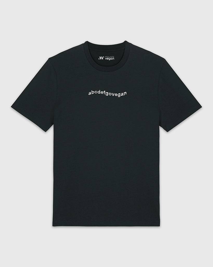 T-shirt noir avec une broderie blanche abcdefgovegan.