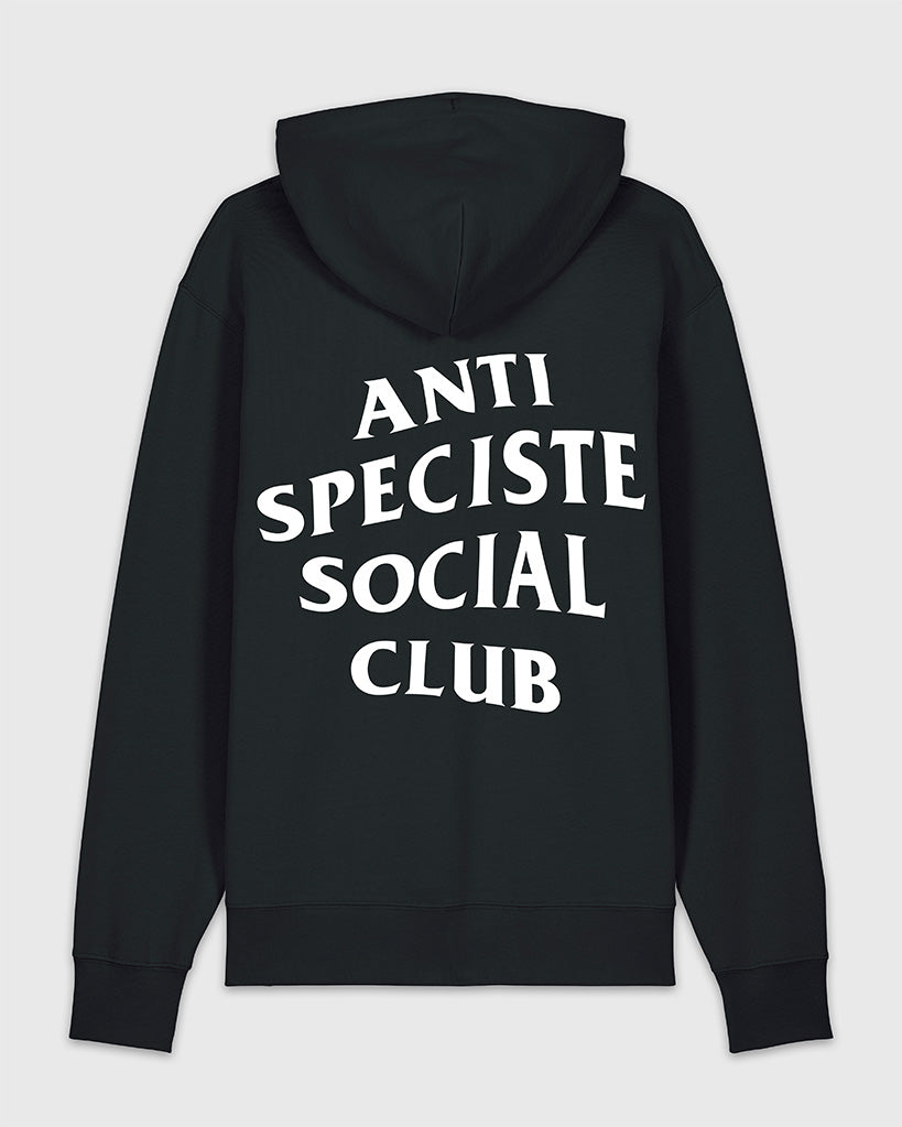 Dos du hoodie noir avec une sérigraphie Anti Spéciste Social Club blanche.