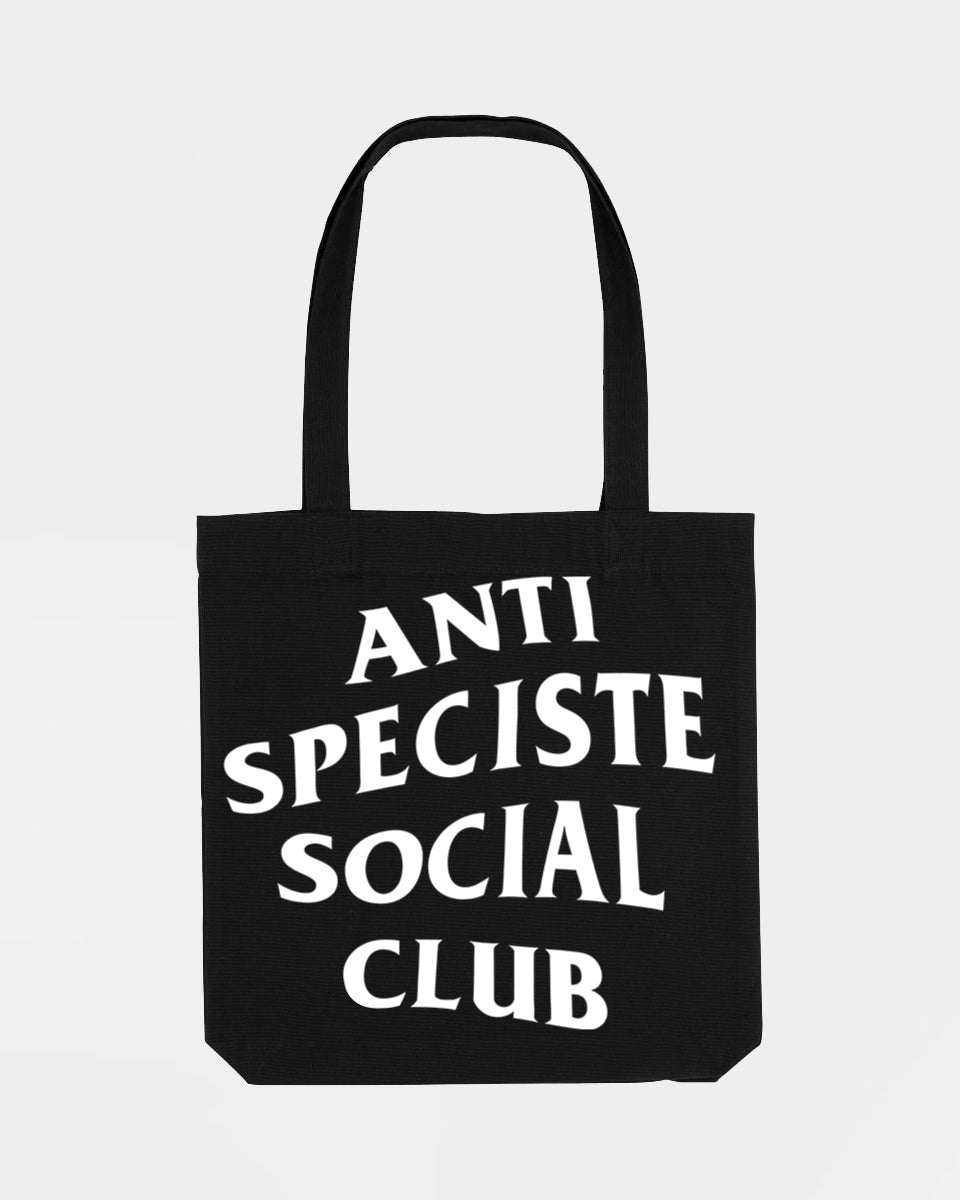 Tote bag noir avec une sérigraphie blanche Anti Spéciste Social Club.