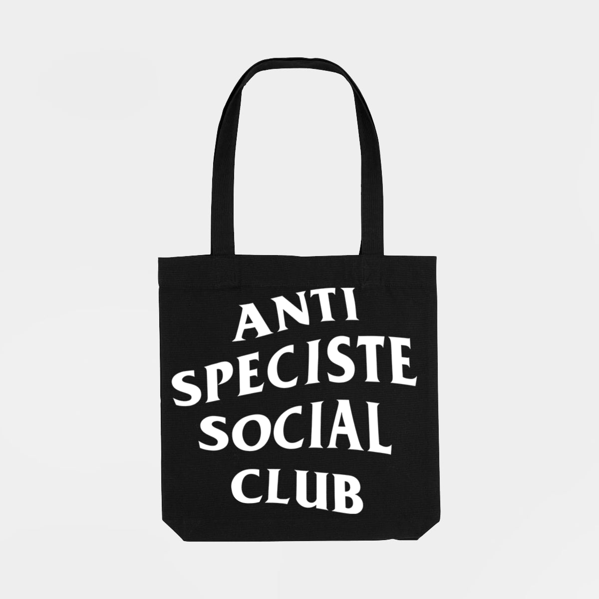 Tote bag noir avec une sérigraphie blanche Anti Spéciste Social Club.