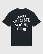 Dos du t-shirt noir avec une sérigraphie blanche Anti Spéciste Social Club.