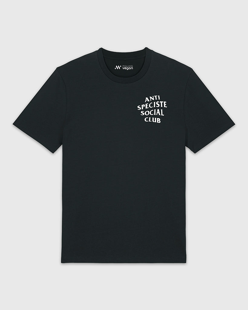 T-shirt noir avec une sérigraphie blanche Anti Spéciste Social Club.