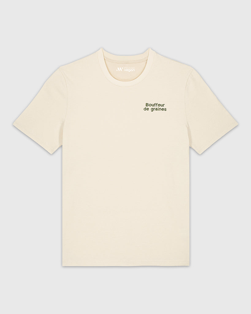 T-shirt beige avec une broderie khaki Bouffeur de graines.