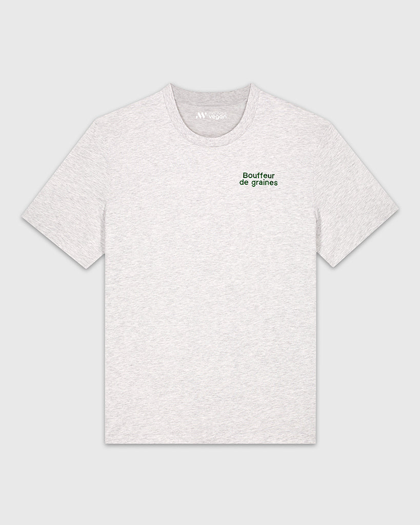 T-shirt gris clair chiné avec une broderie verte Bouffeur de graines.