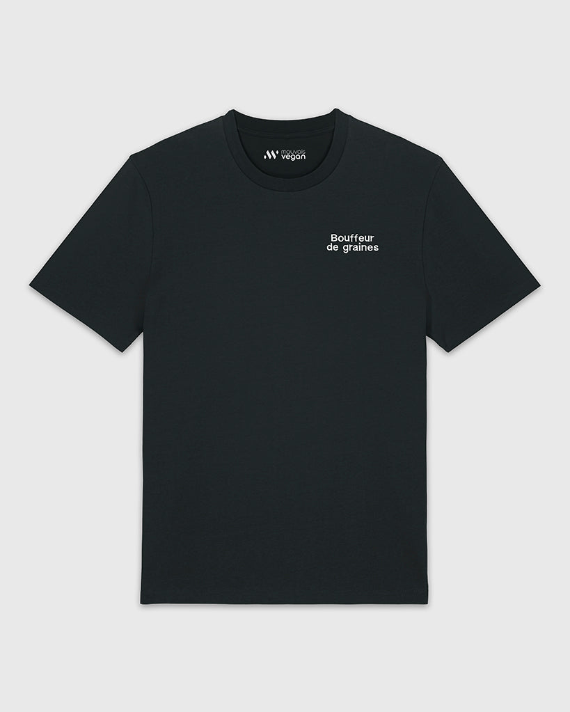 T-shirt noir avec une broderie blanche Bouffeur de graines.
