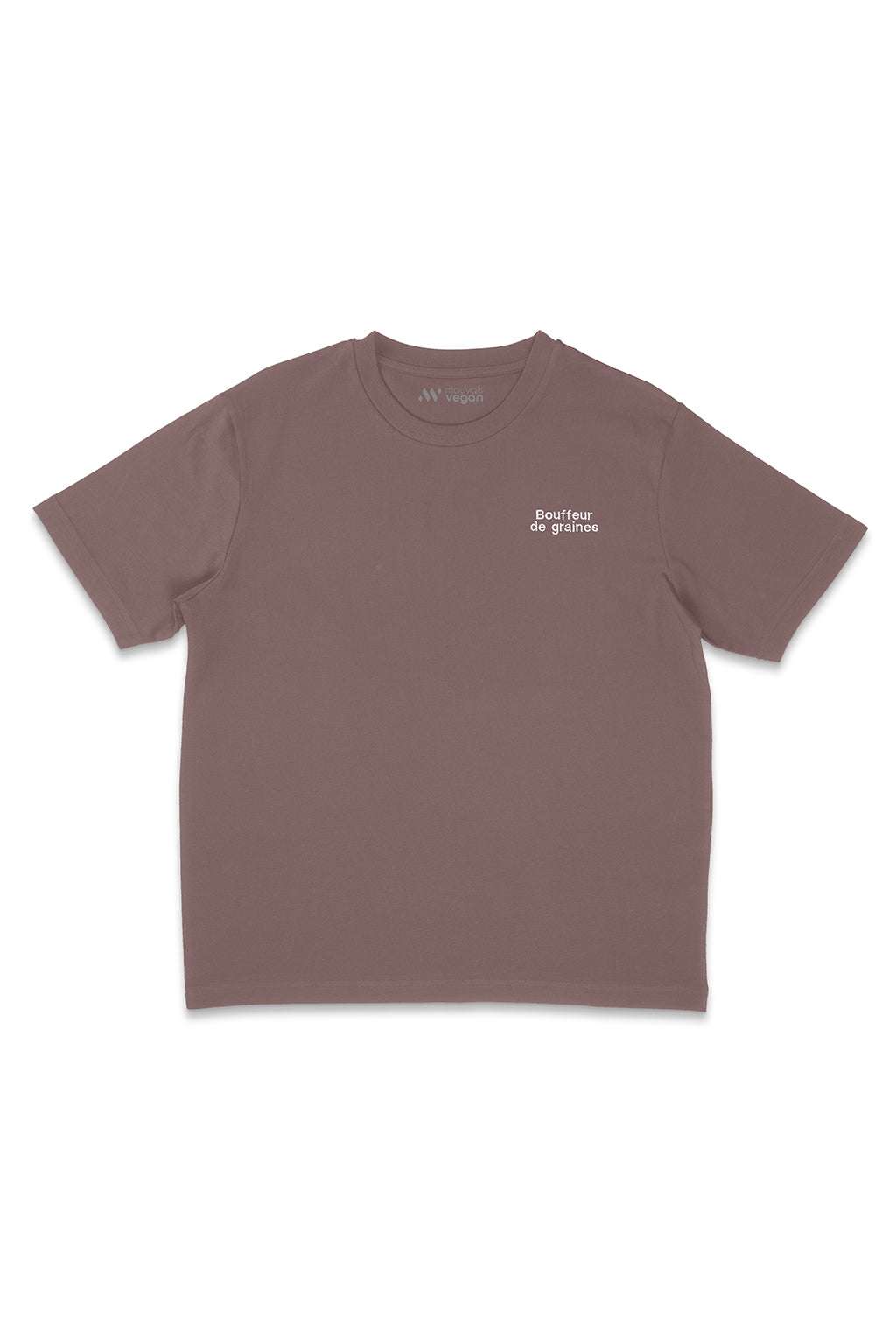 T-shirt vieux rose avec une broderie blanche Bouffeur de graines.