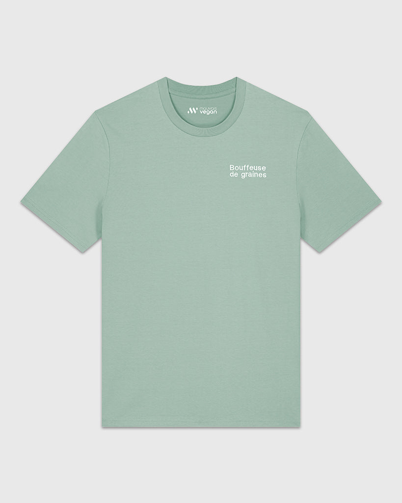 T-shirt vert sauge avec une broderie blanche Bouffeuse de graines.