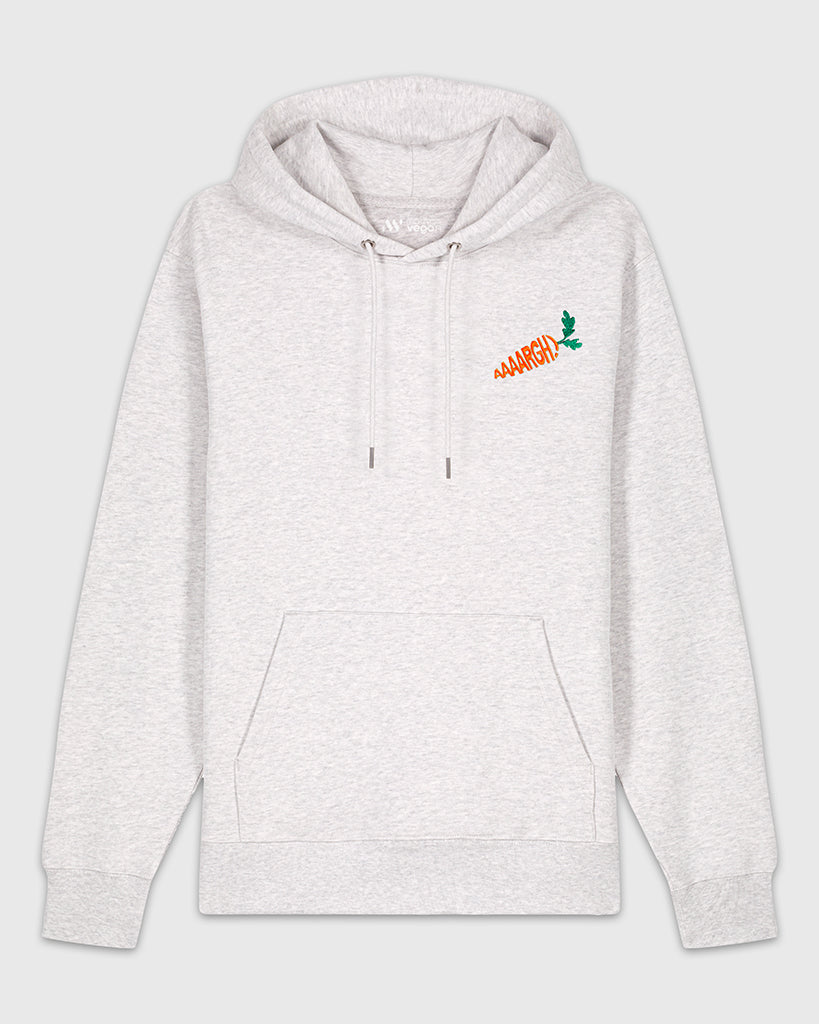 Hoodie gris clair chiné avec une broderie orange et verte représentant l'onomatopée d’un cri formant une carotte.