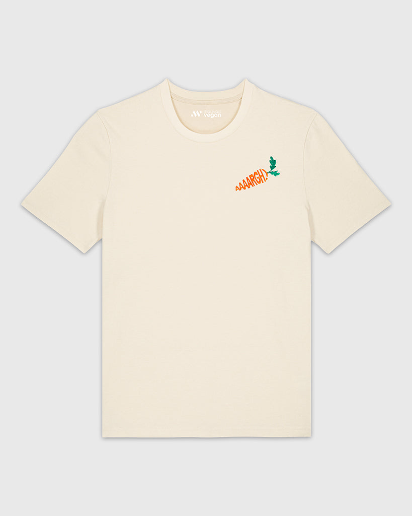T-shirt beige avec une broderie orange et verte représentant l'onomatopée d’un cri formant une carotte.