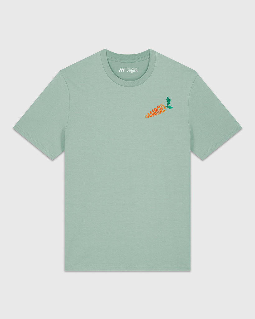 T-shirt vert sauge avec une broderie orange et verte représentant l'onomatopée d’un cri formant une carotte.