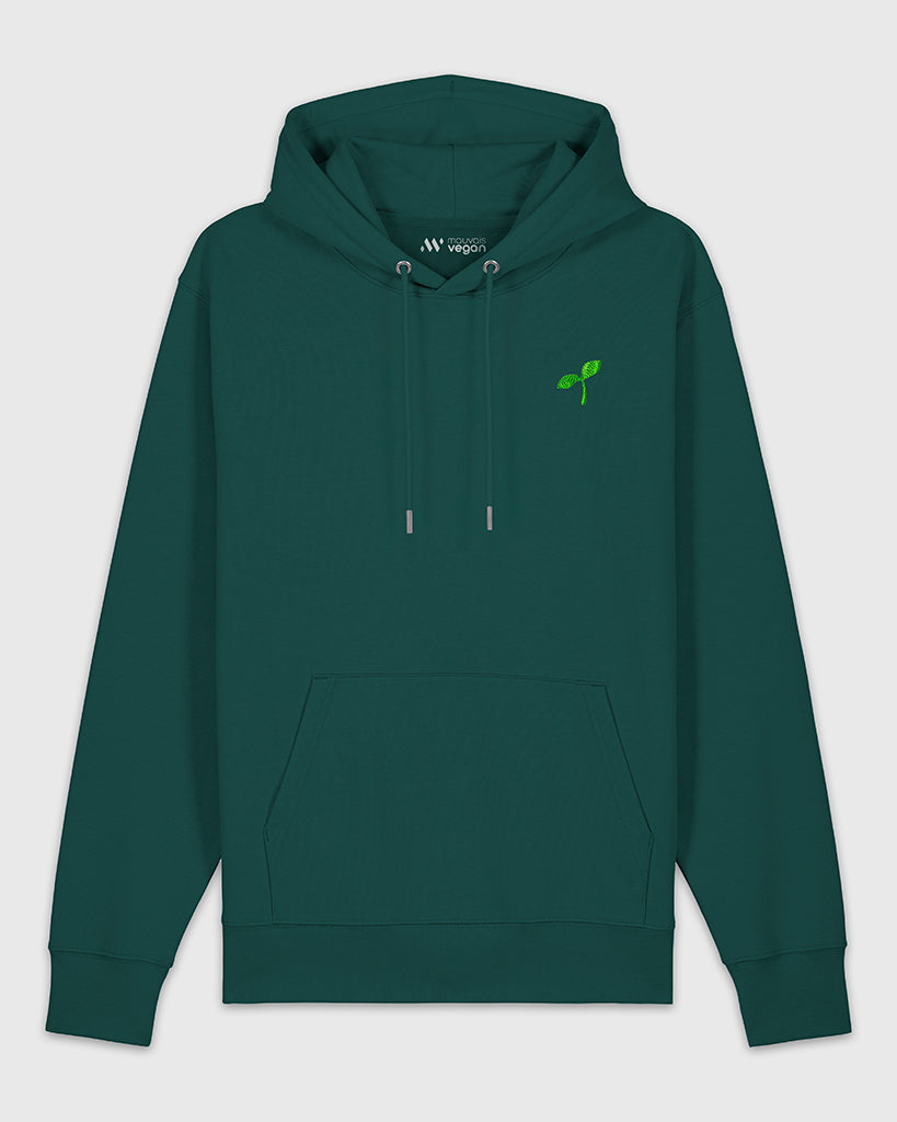 Hoodie vert sapin avec une broderie verte représentant un Emoji Pousse.