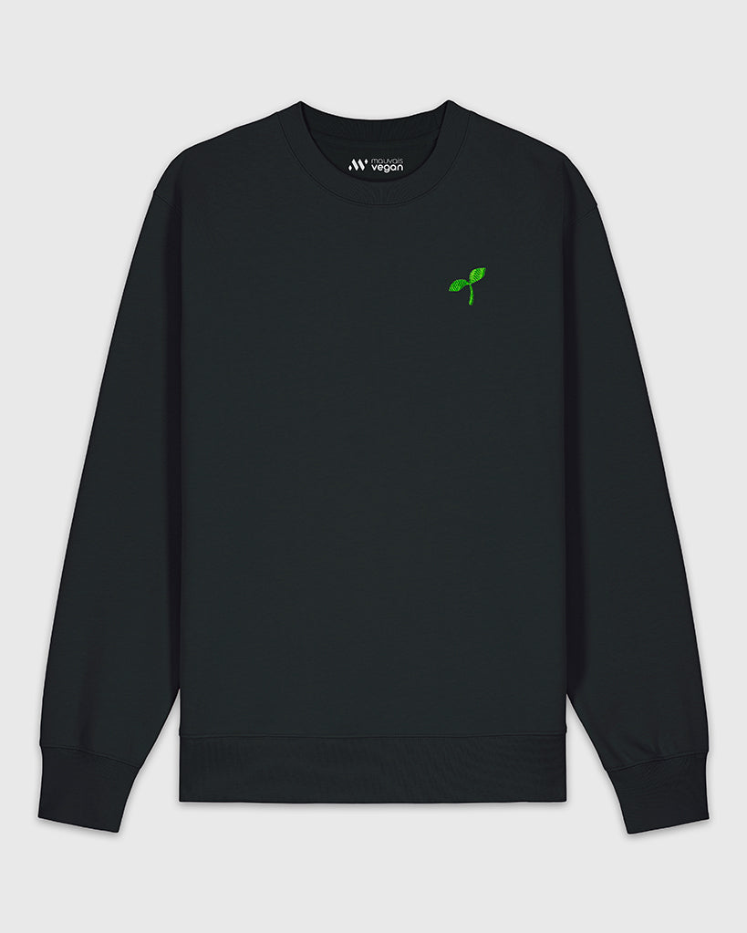 Sweatshirt noir avec une broderie verte représentant un Emoji Pousse.