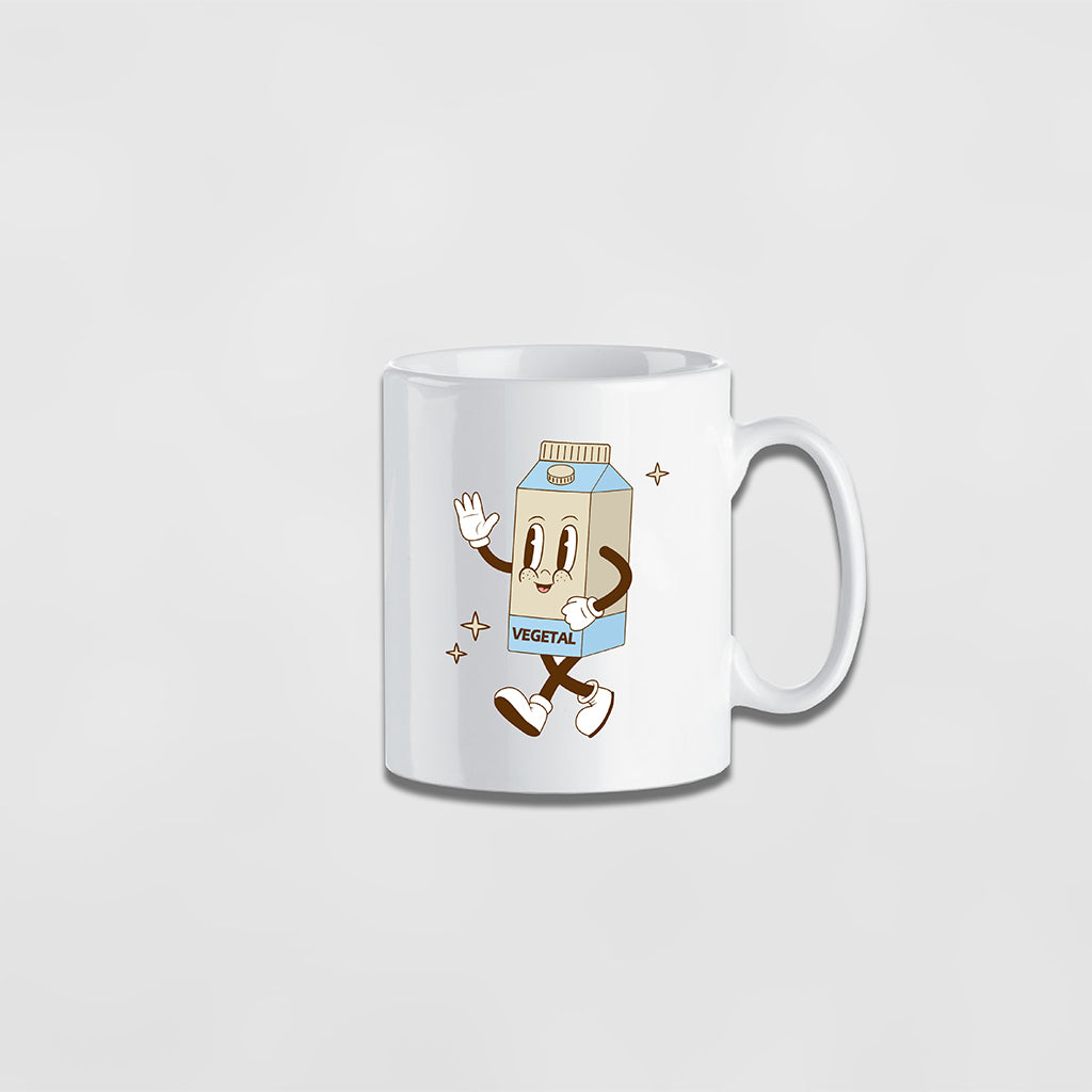 Arrière du mug blanc avec une impression représentant une brique de lait avec la mention VEGETAL