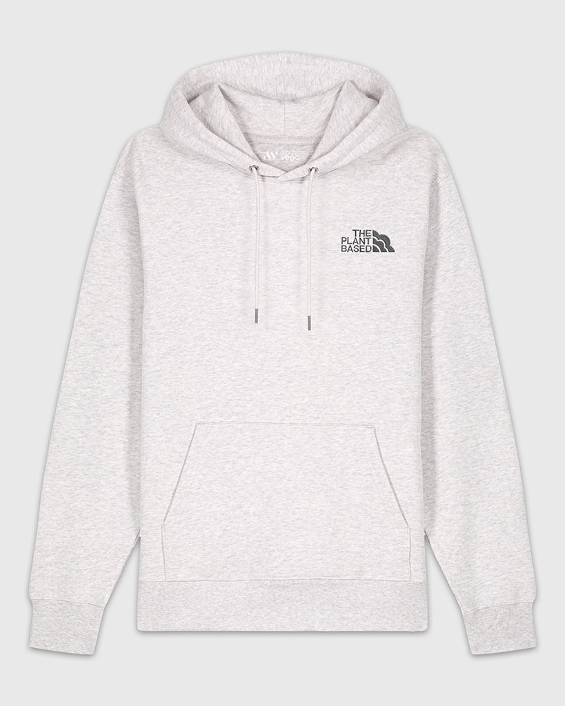 Hoodie gris clair chiné avec une broderie grise The Plant Based. 