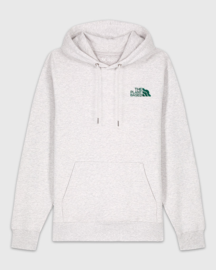 Hoodie gris clair chiné avec une broderie verte The Plant Based. 