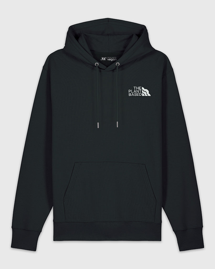 Hoodie noir avec une broderie blanche The Plant Based. 