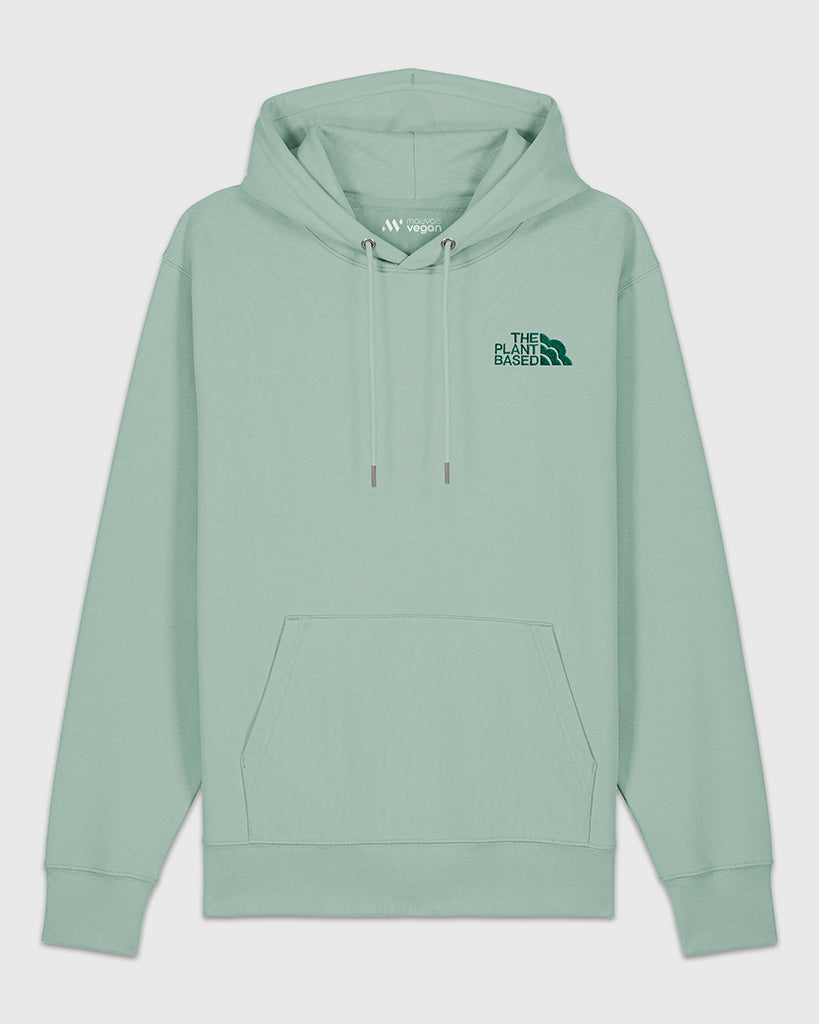 Hoodie vert sauge avec une broderie verte The Plant Based. 