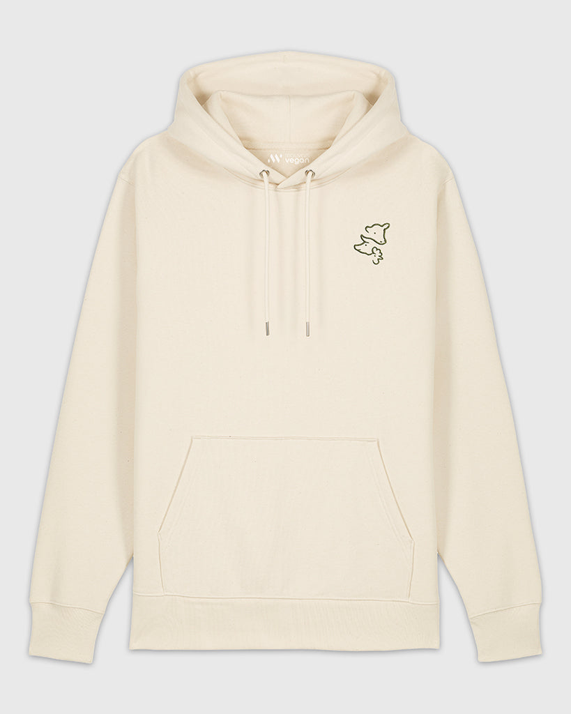 Hoodie beige avec une broderie khaki représentant 3 visages d’animaux.