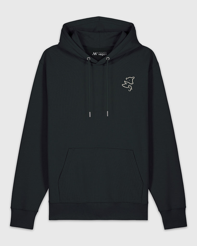 Hoodie noir avec une broderie beige représentant 3 visages d’animaux.