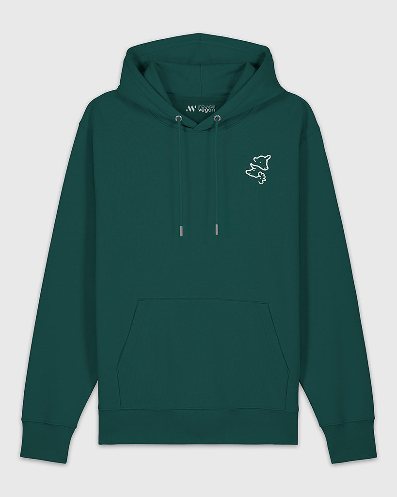 Hoodie vert sapin avec une broderie blanche représentant 3 visages d’animaux.