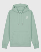 Hoodie vert sauge avec une broderie blanche représentant 3 visages d’animaux.