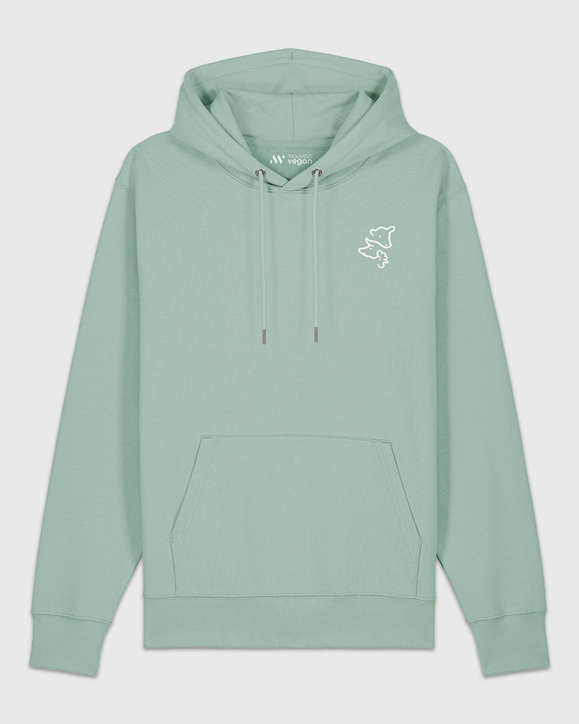 Hoodie vert sauge avec une broderie blanche représentant 3 visages d’animaux.