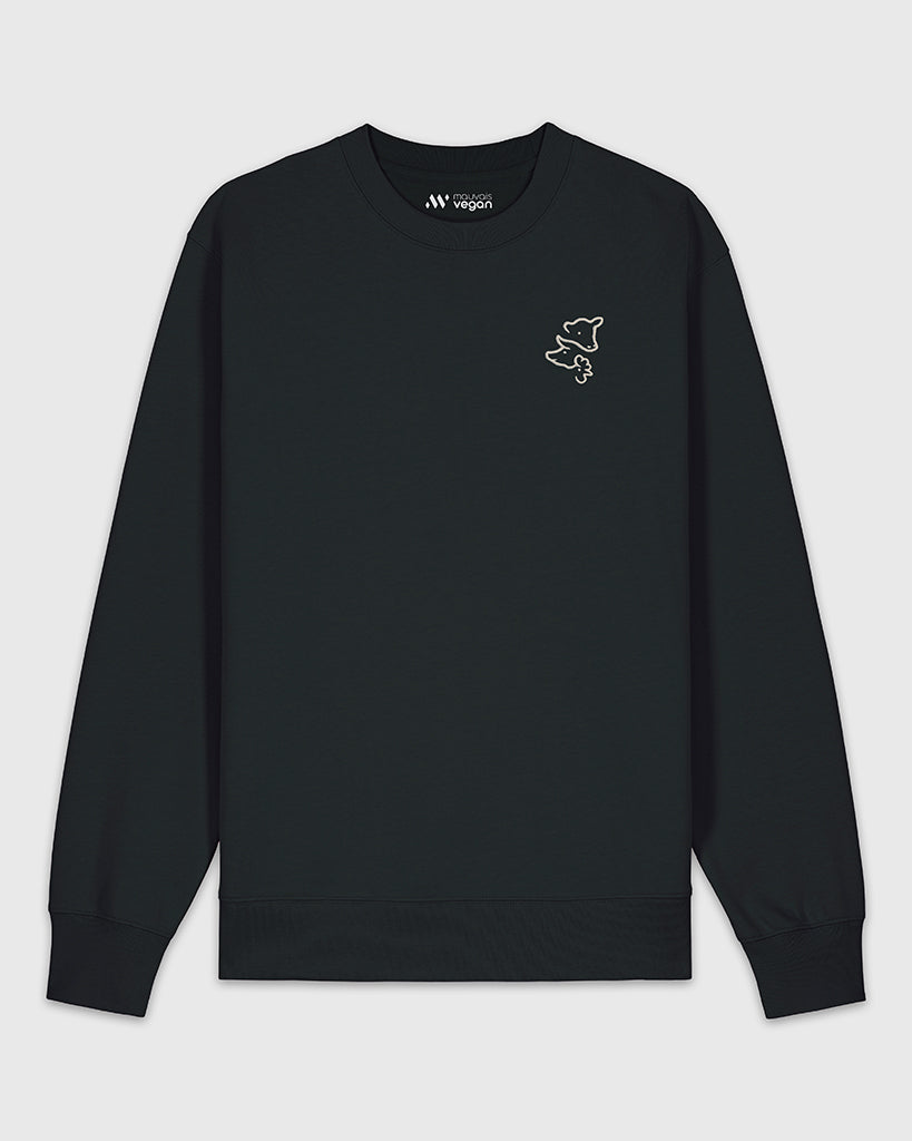 Sweatshirt noir avec une broderie blanche représentant 3 visages d’animaux.