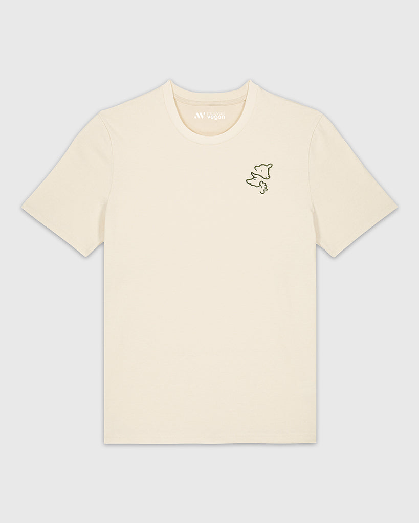 T-shirt beige avec une broderie khaki représentant 3 visages d’animaux.