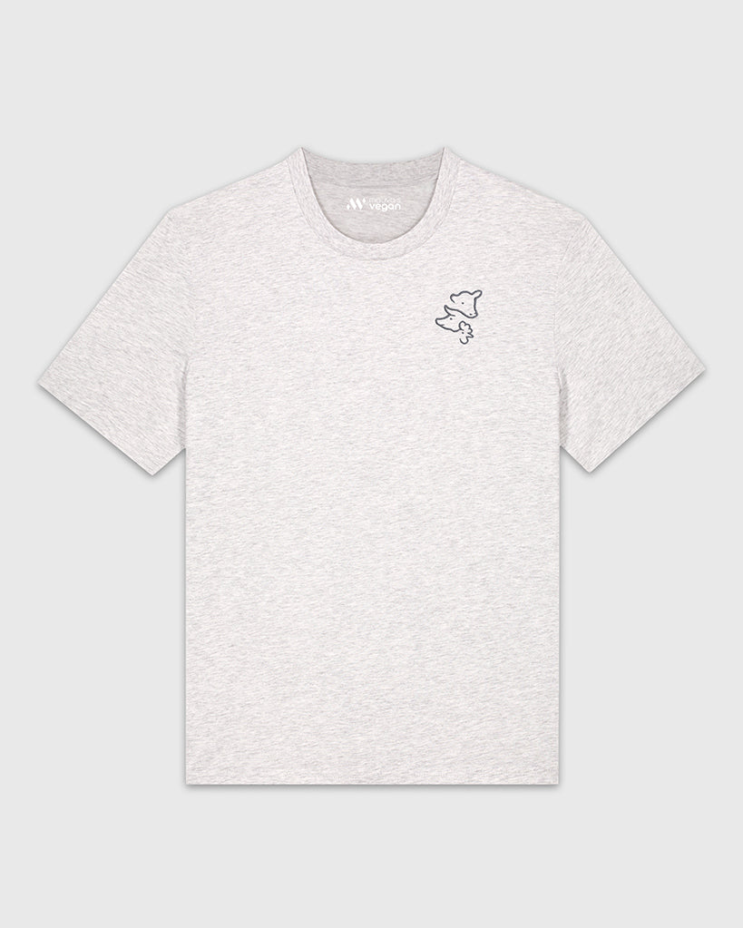 T-shirt gris clair chiné avec une broderie grise représentant 3 visages d’animaux.