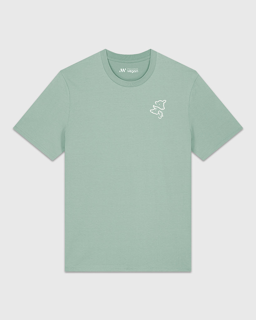 T-shirt vert sauge avec une broderie blanche représentant 3 visages d’animaux.